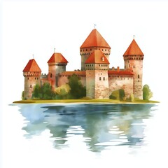Trakai Island Castle. Trakai Island Castle hand drawn watercolor illustration