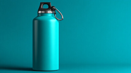 A turquoise metal water bottle with a black handle against a turquoise background in a studio shot