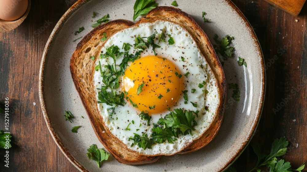 Aufkleber a top-down view of toasted bread with a sunny-side-up egg on top, garnished with fresh herbs, served