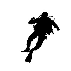 a black and white silhouette of a scuba diver black, diver, man, scuba diver, silhouette , Generative art.