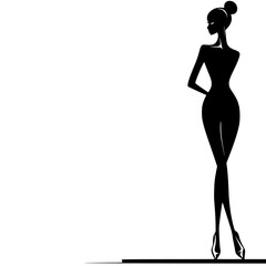 black and white silhouette of a beautiful woman in a dress beautiful, black, dress, girl, illustration, silhouette, stand, woman , Generative art.
