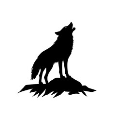 a black and white silhouette of a wild wolf standing on a rock black, gray, hill, moon, rock, silhouette, stand, wild, wolf , Generative art.