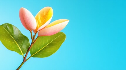 Bright pink and yellow magnolia flowers with green leaves against a blue background