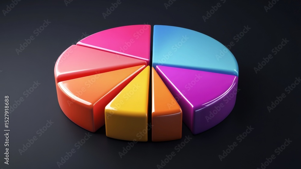 Poster a vibrant d pie chart displaying different market shares, with glossy segments in various colors, se
