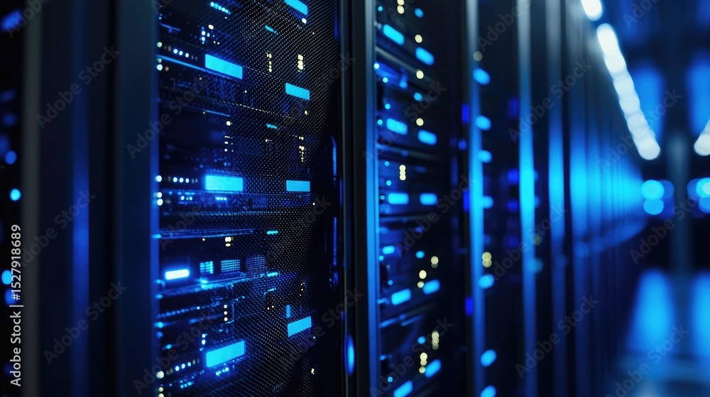 Aufkleber close-up of illuminated server racks in a futuristic blue-lit data center, ideal for technology pres