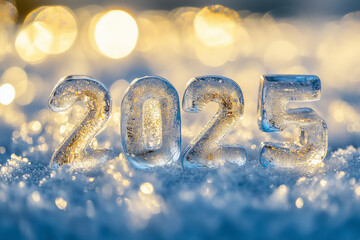 Chiffres 2025 en glace posés sur de la neige avec bokeh doré en arrière-plan pour événements durant l’année 2025