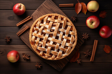 Tarte aux pommes maison sur planche en bois avec bâtons de cannelle, anis étoilé et pommes entières, ambiance automnale rustique
