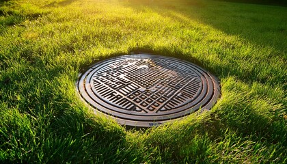 manhole cover on green grass lawn sunny day