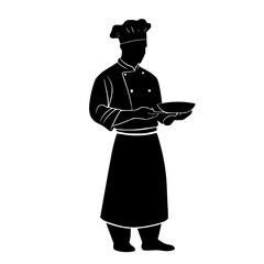 a black silhouette of a cook in an apron and hat holding a plate of food in his hands apron, black, bowl, chef, cook, food, hand, hat, hold, icon, plate, silhouette, stand
