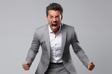  Homme en costume gris hurlant de colère, expression faciale intense et posture tendue sur fond gris uni
