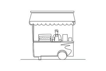 Continuous one line drawing of Foodstreet cart stands with sellers. Food corner minimalist concept. Food and drink. © simplevector28