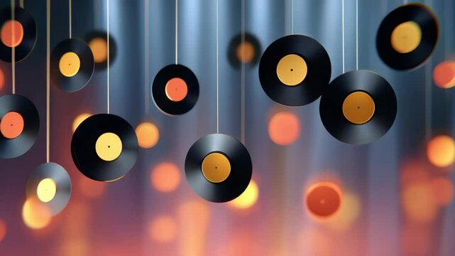 Hanging Vintage Vinyl Records with Warm Bokeh Background Creating Nostalgic Ambiance