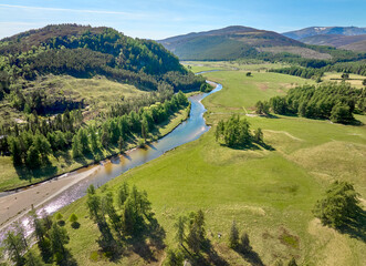 aerial view of the course of Clunie River near Braemar in the Cairn Gorms national Park, Scotland,...