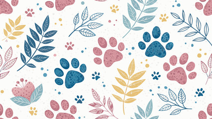 Vector Playful Watercolor Paw Print Background – Scattered Blue, Pink & Yellow Prints on White Canvas, Fun & Vibrant with Copy Space