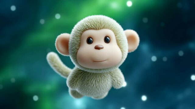 Soft Plush Monkey Toy Floating Against Vibrant Cosmic Background in Green and Blue Hues