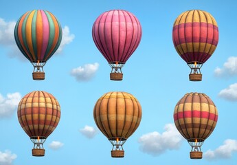 Obraz premium Collection of Vintage Style Hot Air Balloons in Bright Colors Against a Clear Sky with Clouds - A Charming and Nostalgic Illustration