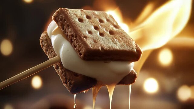A toasted marshmallow and chocolate are sandwiched between two graham crackers on a stick. The s'more is melting slightly with a blurred background of glowing lights.