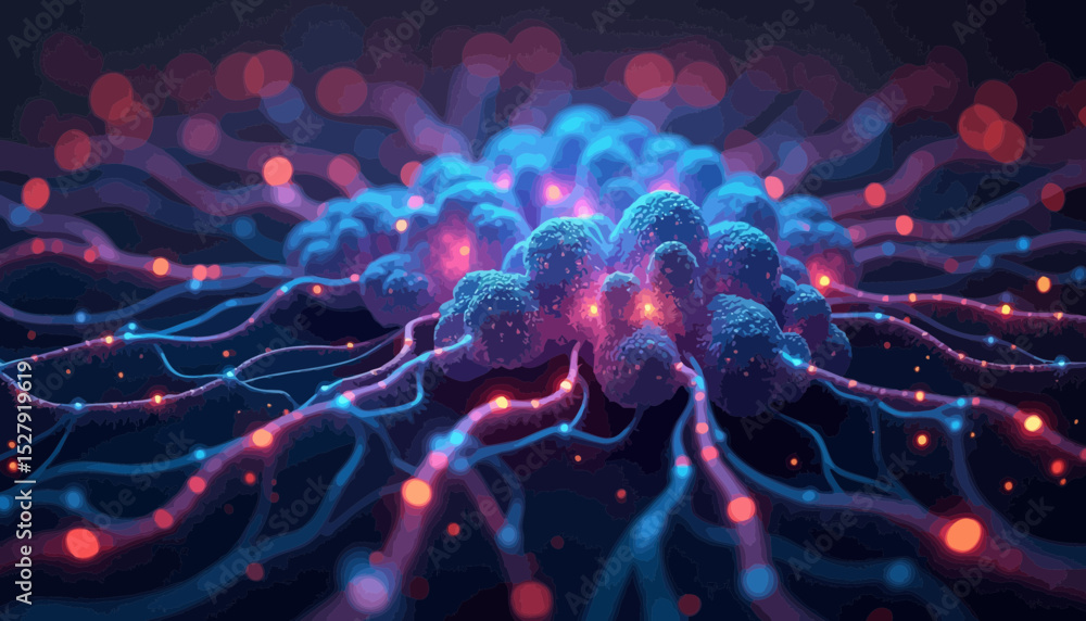 Poster abstract neural network visualization with glowing nodes and connections