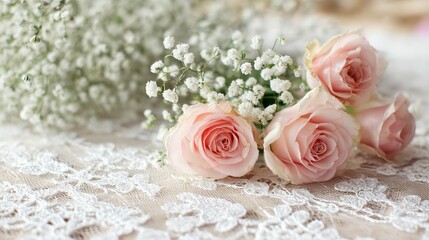 Close-up of soft pink roses and baby's breath on elegant lace tablecloth, with delicate white flowers in background for romantic wedding ceremony decor.