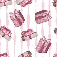 Elegant seamless pattern with gift boxes with pink ribbons on a soft pink background