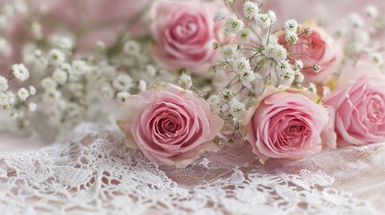Close-up of soft pink roses and baby's breath on elegant lace tablecloth, with delicate white flowers in background for romantic wedding ceremony decor.