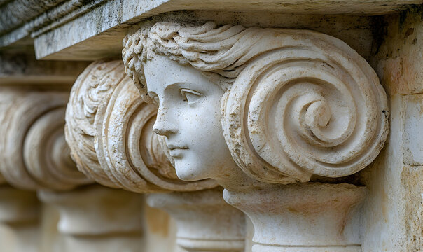 Ornate architectural detail showing carved marble female faces supporting a structure, creating a classic aesthetic