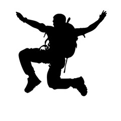 black silhouette of a man with backpack jumping in the air backpack, black, jump, man, person, silhouette 