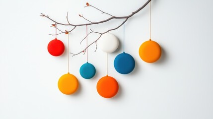 Colorful Circular Symbols Hanging from a Stylized Tree Branch with Delicate Red Buds on a Simple White Background