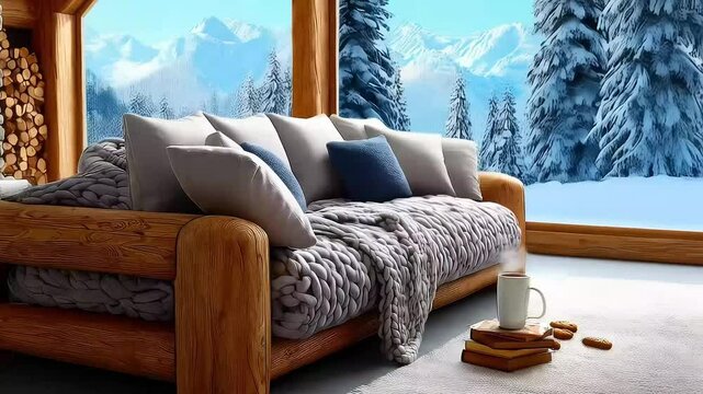 A plush beige sofa with soft cushions and a knitted blanket, a steaming mug of cocoa, a chocolate chip cookie, and an open book. Cozy, inviting, warm. The sofa is arranged neatly with the blanket drap