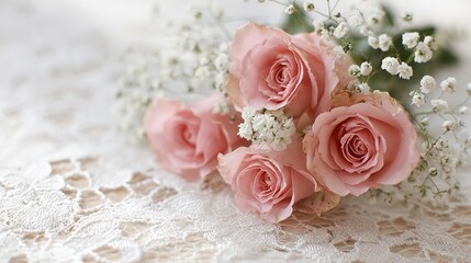 Fototapeta premium Close-up of soft pink roses and baby's breath on elegant lace tablecloth, with delicate white flowers in background for romantic wedding ceremony decor.
