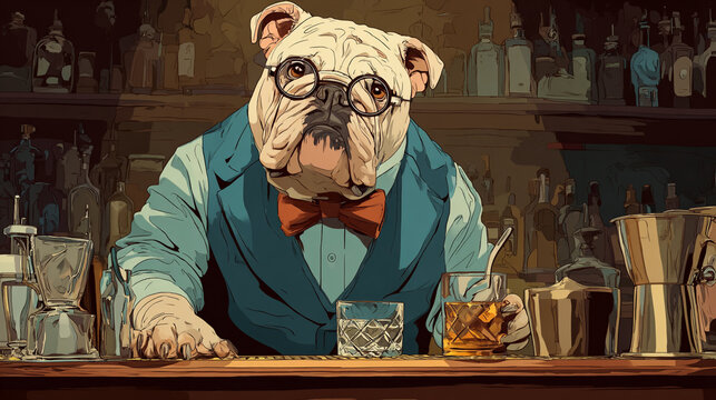 A bulldog bartender with glasses and a bow tie serving drinks behind a wooden bar with bottles
