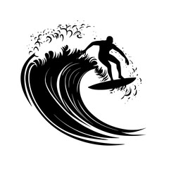 black silhouette of a surfer riding a big wave on a surfboard big, black, board, illustration, man, ride, silhouette, surf, surfboard, surfer, wave 