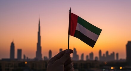 Patriotism in Dubai: Holding the UAE Flag Against a Sunset Skyline