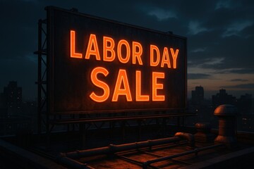 Naklejka premium Cinematic Rooftop Billboard with Labor Day Sale Banner at Dusk