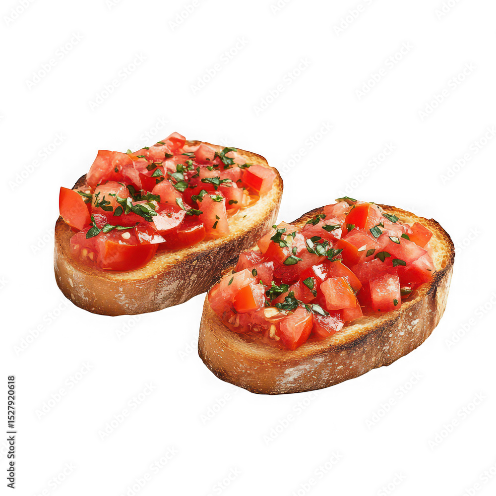 Poster two bruschetta toasts with diced tomatoes and basil isolated on transparent background