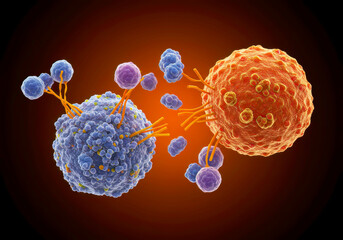 CAR T-Cell Therapy in Action – 3D Illustration of Immune Cell Attacking Cancer Cell with Molecular Interaction