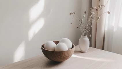Wooden bowl with white wool balls and dried flowers on a light table
