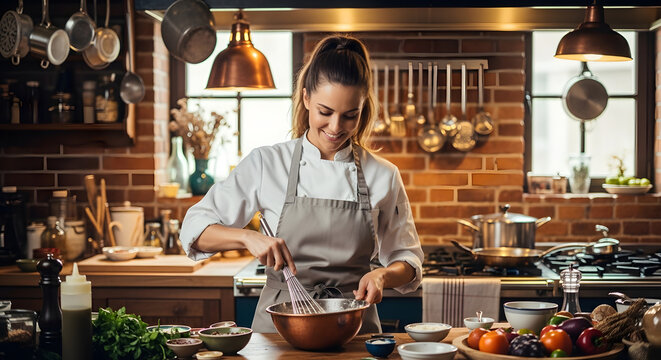 A cheerful chef in a well appointed rustic kitchen skillfully whisks ingredients in a copper bowl, preparing a meal, bathed in warm light, creating a culinary masterpiece.