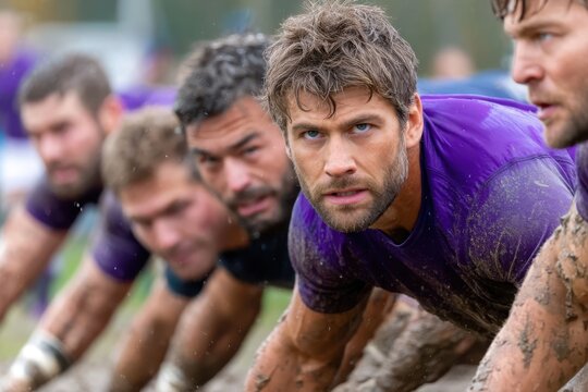 Rugby players engaged in muddy practice on a field during a cloudy day in autumn