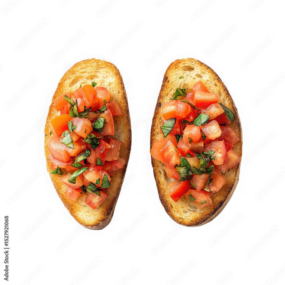 Poster two bruschetta toasts with tomato basil topping isolated on transparent background