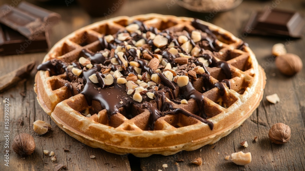 Poster a waffle covered in melted chocolate and crushed nuts, presented on a rustic wooden table with contr