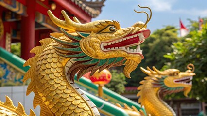 Fototapeta premium Majestic Dragon of the Temple: A resplendent golden dragon statue graces the ornate facade of a traditional temple, symbolizing power and good fortune, set against a bright, cloudless sky.