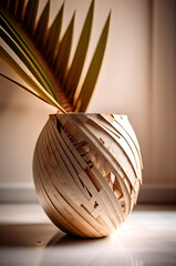 Vase made of dried palm leaves in a barrel shape with a green palm leaf inside on a light floor against a beige wall. Soft warm diffused southern light, realism style