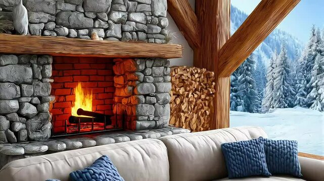 A plush beige sofa with soft cushions and a knitted blanket, a steaming mug of cocoa, a chocolate chip cookie, and an open book. Cozy, inviting, warm. The sofa is arranged neatly with the blanket drap