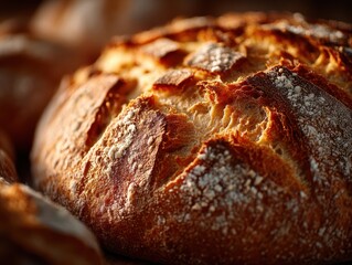 Close-up of freshly baked rustic sourdough bread with a cracked crust and a dusting of flour on top