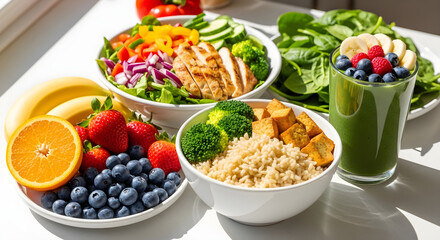 Delightful assortment of healthy food choices featuring colorful salads, protein bowls, fresh fruits and vibrant green smoothie for balanced nutrition and mindful eating.