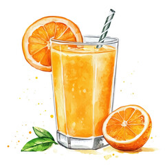 Orange Juice, watercolor vector, high quality, isolated on a white background.