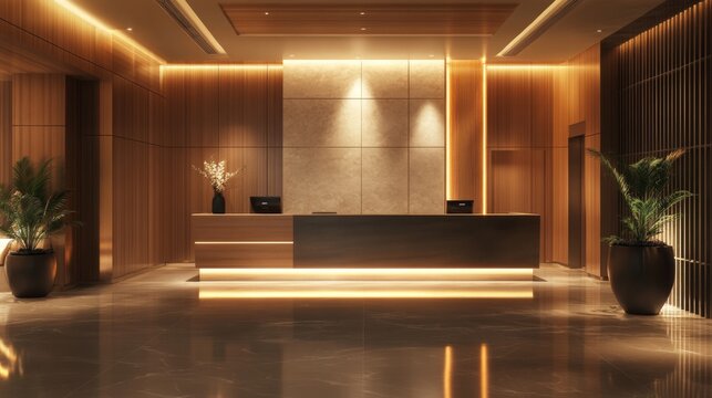 A welcoming hotel hall with a modern reception desk, soft ambient lighting, and elegant decor