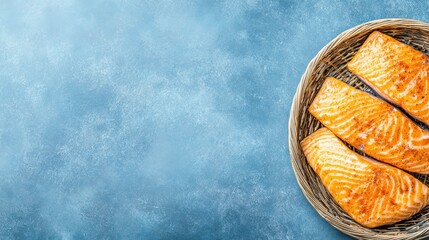 Salmon Fillets in Wooden Bowl: Four succulent salmon fillets, glistening with a rich orange hue, rest in a rustic wooden bowl against a calming blue backdrop.