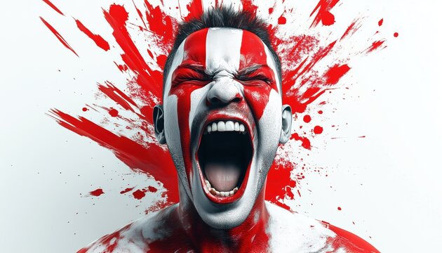 Passionate Football Supporter In Poland Shows Loyalty By Painting Face And Cheering Loudly At Game.